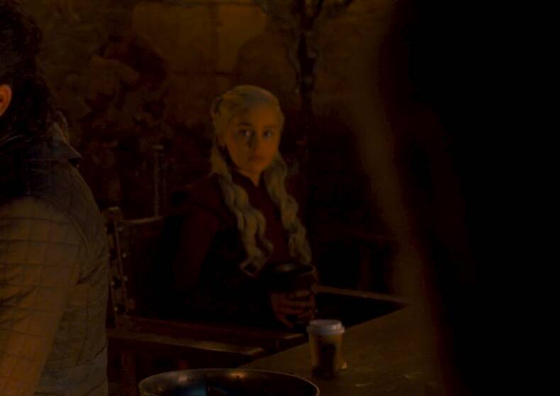 Would you like coffee with that? The offending guest star, bottom right, in a scene from Game of Thrones. Picture: HBO