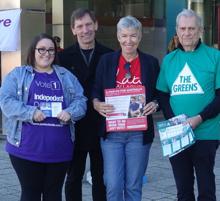 Canvassers outside the library and museum in Civic. Taylor Hembling (Independent), Ray Maurer (Liberal) Carolyn Kidd (Labor), Neville Smythe (Green). Picture: Steve Evans.