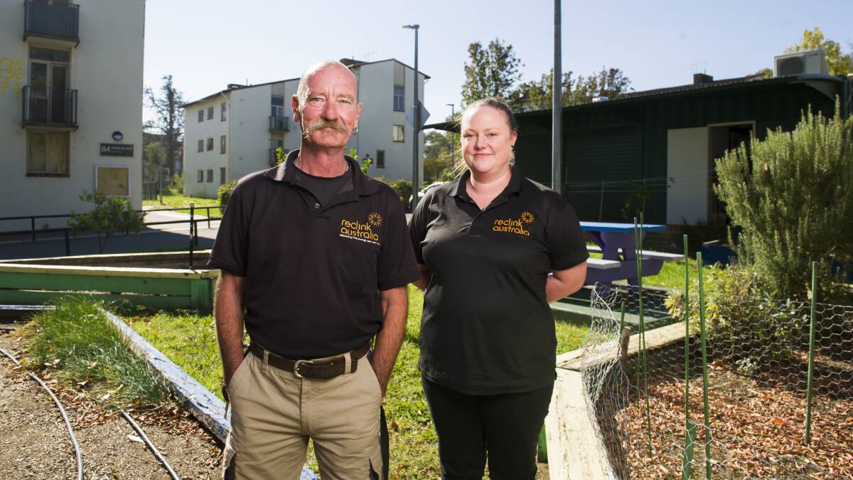 Strong Connected Neighbourhoods on-the-ground program manager Mark Ransome and senior project co-ordinator Rebecca Newson at Kanangra Court on Ainslie Avenue. Picture: Dion Georgopoulos