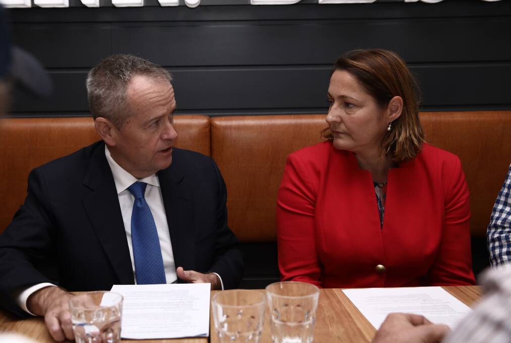 Bill Shorten with Fiona Phillips, the Labor candidate for Gilmore, which is one of the few seats where Labor has out-promised the Coalition. Picture: Dominic Lorrimer
