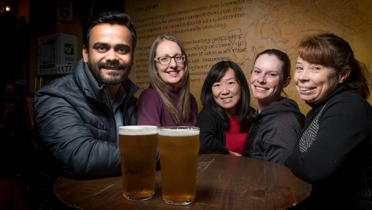 Scientists Ankur Sharma, Christina Delay, Imaina Widagdo, Belinda Wilson and Janine Deakin, who are taking part in the Pint of Science festival and sharing their research with the masses in Canberra pubs. Picture: Elesa Kurtz