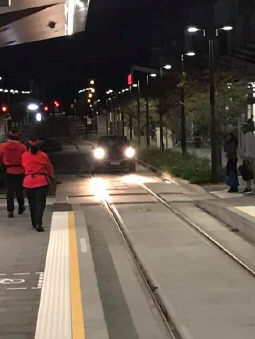 A car was spotted driving on the light rail tracks in Gungahlin. Picture: Steve Ward