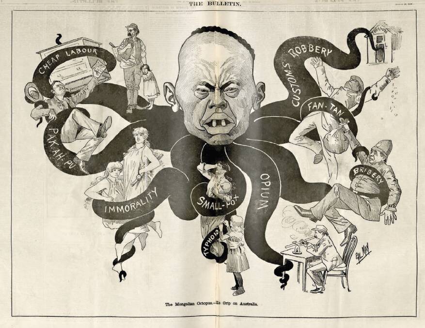  Phil May: The Mongolian Octopus - His Grip on Australia, The Bulletin, August 21, 1886 in Inked: Australian Cartoons at National Library of Australia. Picture: Supplied