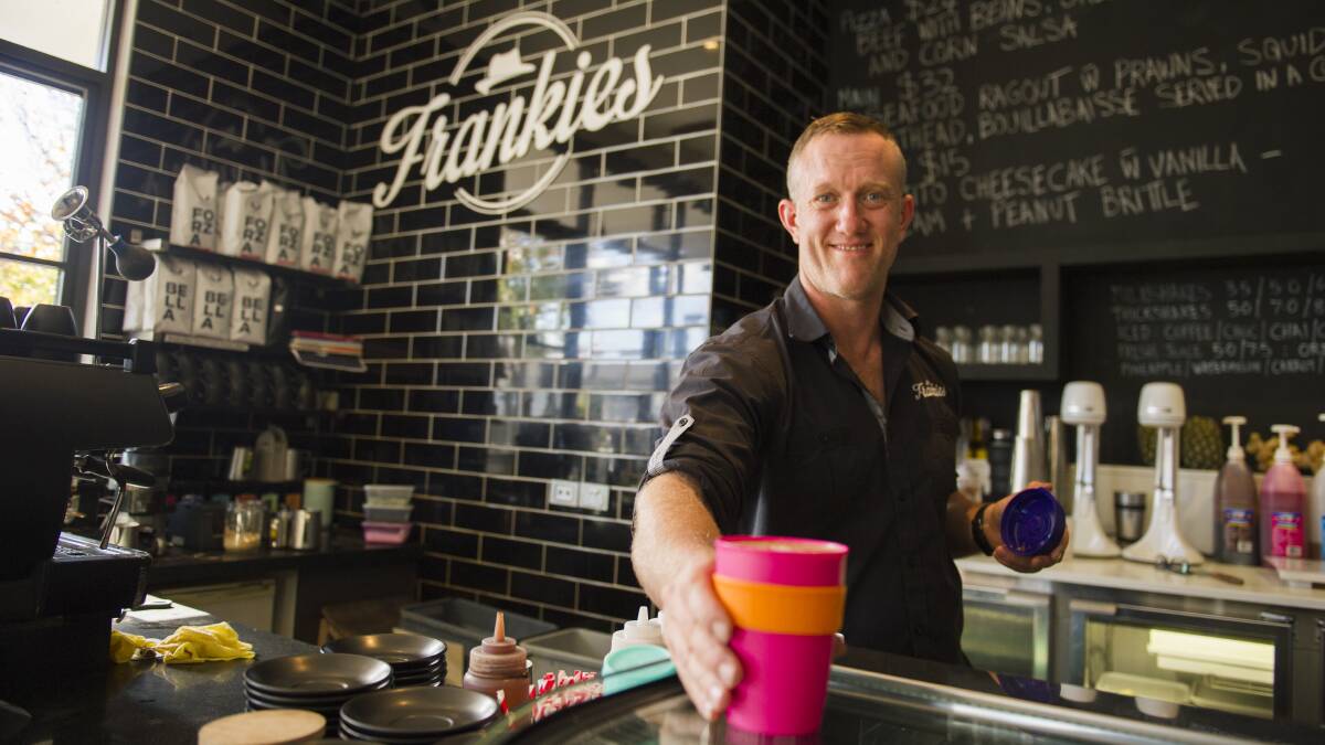Mark Ramsay at Frankies at Forde, which is one of the first cafes in Canberra to put their hands up for a proposed reusable cup scheme. Picture: Dion Georgopoulos