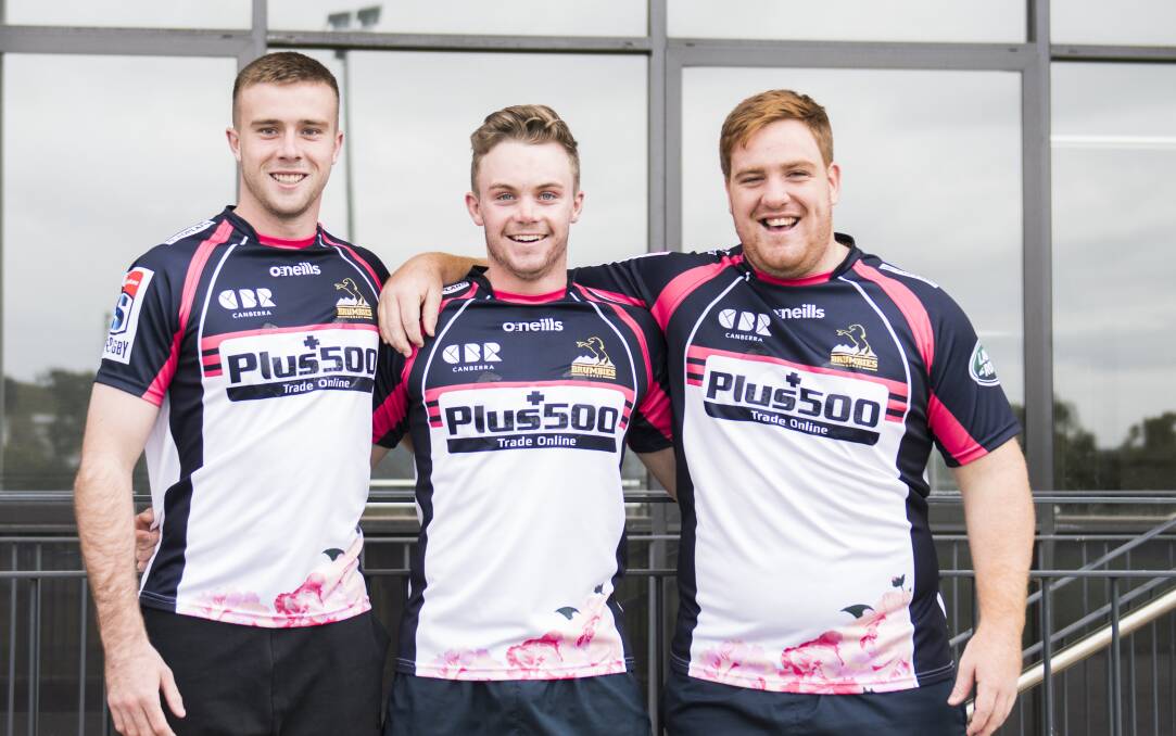Childhood mates Mack Hansen, Ryan Lonergan and Tom Ross have formed a bond they hope will help them achieve their Super Rugby dream. Picture: Dion Georgopoulos