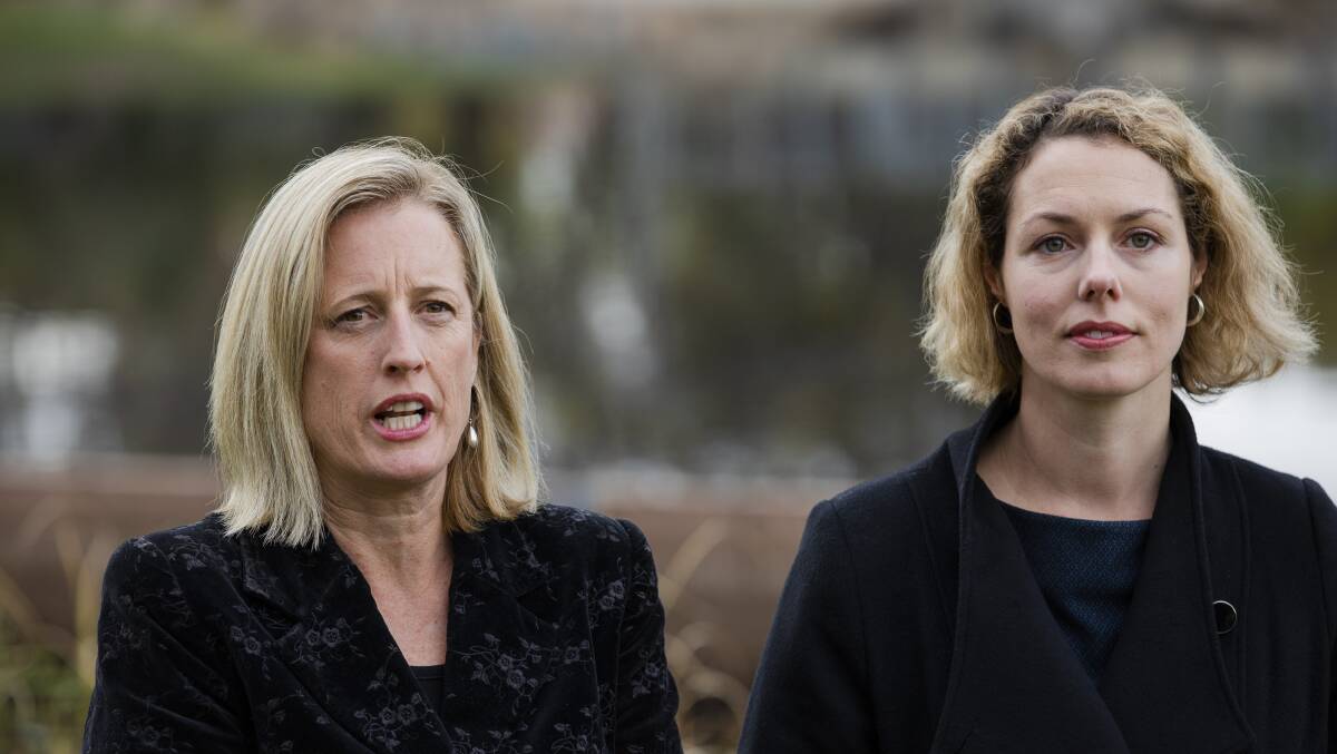 Labor Senate candidate for the ACT Katy Gallagher, left, and Labor candidate for the seat of Canberra Alicia Payne, right, who announced a Labor government would give $4 million to a cyber security training centre at the Reid CIT. Picture: Jamila Toderas