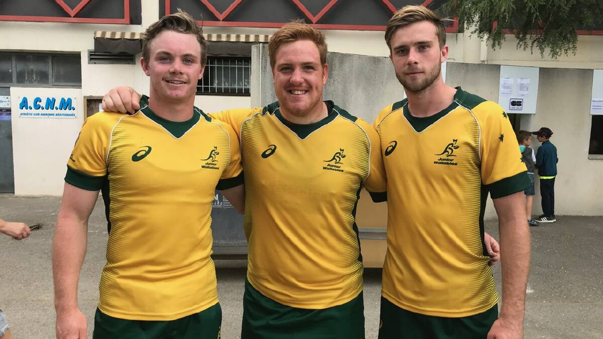 Ryan Lonergan, Tom Ross and Mack Hansen in their Australian under-20s kit. Picture: Supplied