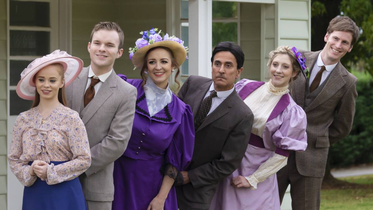 From left: Madeline Calder (as Ermengarde, Horace's niece), Aaron Sims (Ambrose Kemper), Janelle McMenamin (Dolly Levi), Tony Falla (Horace Vandergelder), Demi Smith (Irene Molloy) and Will Collett (Cornelius Hackl) in Hello, Dolly!. Picture: Kaitlyn Boyé