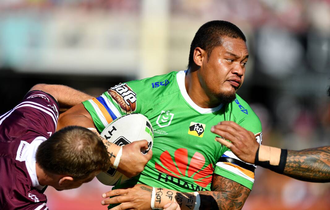 Raiders centre Joey Leilua could return from spinal surgery to face the Roosters. Picture: NRL Photos