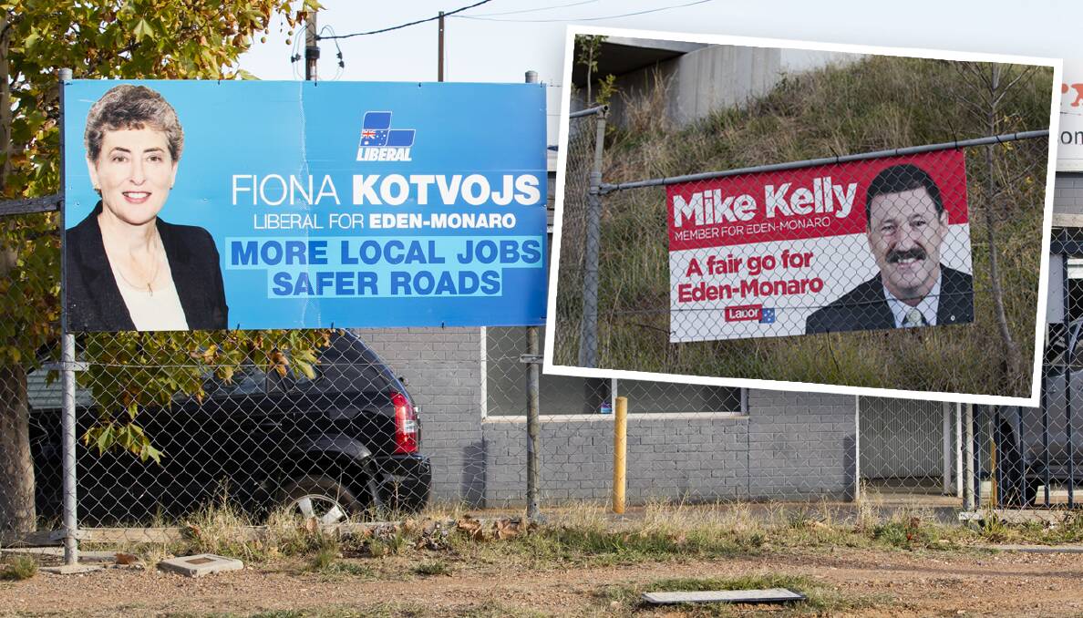 Eden-Monaro electoral signs promoting Liberal candidate Fiona Kotvojs and Labor candidate Mike Kelly (inset). The signs, located in Queanbeyan, exceed the allowed size for electoral signage. Pictures: Jamila Toderas
