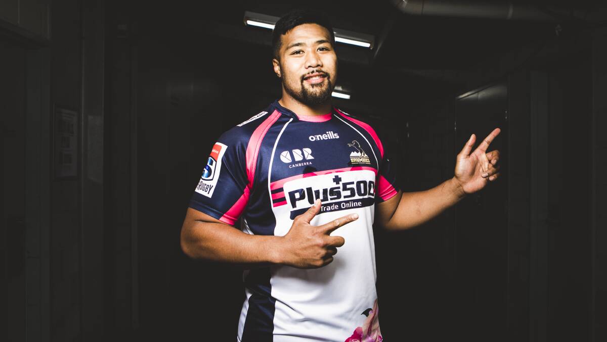 Brumbies hooker Folau Faingaa wearing the Brumbies' Mother's Day jersey. Picture: Jamila Toderas