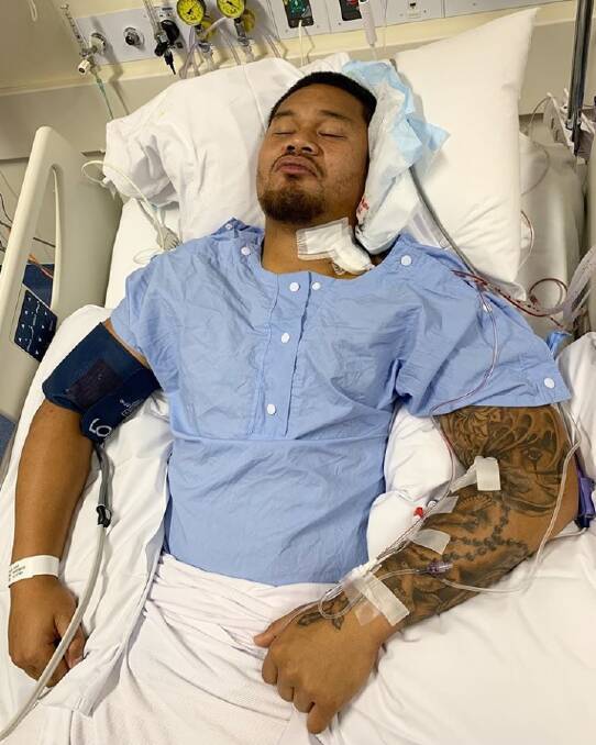 Joey Leilua recovering from neck surgery in hospital.