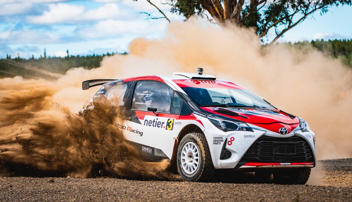 Harry Bates and co-driver John McCarthy in the National Capital Rally in their Toyota Yaris AP4 last year. Picture: Supplied.
