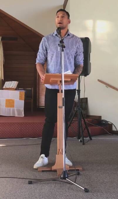 Israel Folau speaking about his battle with Rugby Australia in a Sunday church service. Picture: Supplied