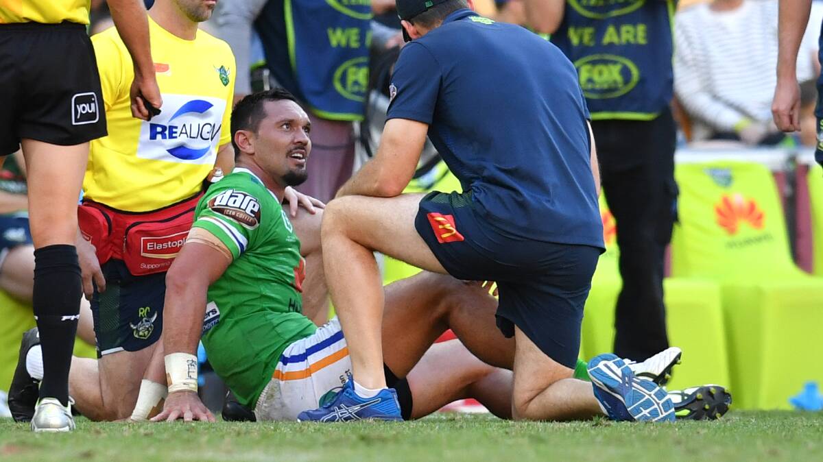 Raiders winger Jordan Rapana is out with a knee injury, but has come back early from injury twice this year. Picture: AAP Image/Darren England
