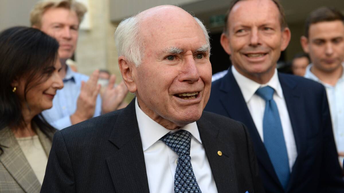 Former Australian prime ministers John Howard and Tony Abbott on the hustings at Warringah Mall. Picture: Jeremy Piper