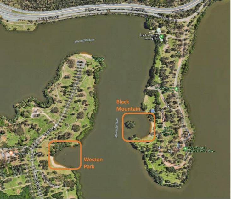 The company behind the proposal investigated two options for the inflatable adventure park. The site just off Black Mountain was chosen because of its superior water quality. Source: National Capital Authority 