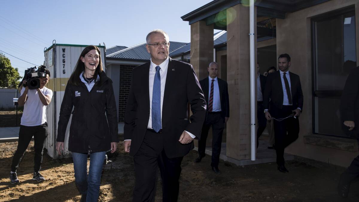 Prime Minister Scott Morrison a first home buyers house nearing completion during the election campaign. Picture: Dominic Lorrimer