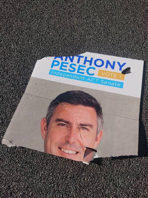 A vandalised election sign for Anthony Pesec. Picture: Supplied