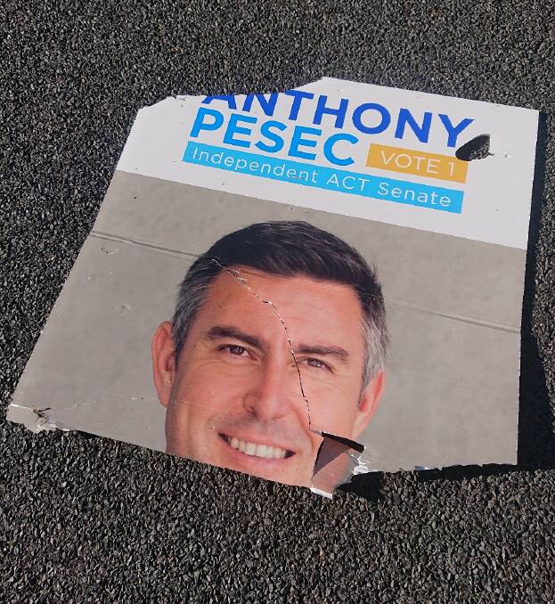 Independent ACT Senate candidate Anthony Pesec says half of his 400 election corflutes have been removed or damaged. Picture: Supplied