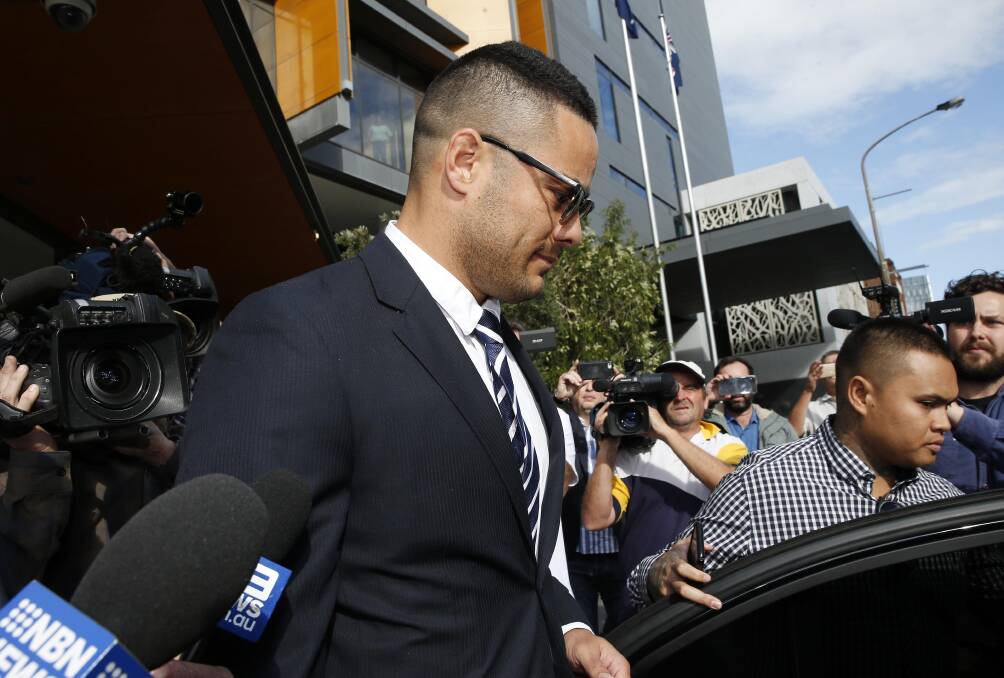 Jarryd Hayne leaves Newcastle Local Court on Wednesday facing a new charge of sexual intercourse without consent. Picture: Marina Neil 