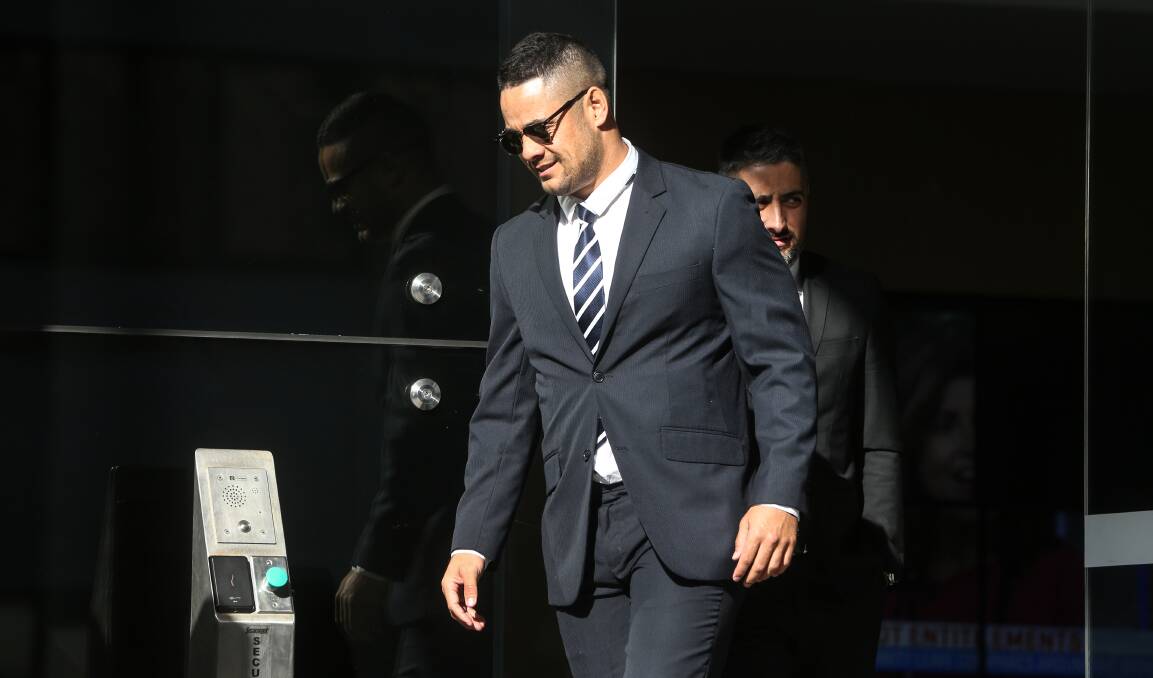 Jarryd Hayne leaves Newcastle Local Court on Wednesday facing a new charge of sexual intercourse without consent. Picture: Marina Neil 