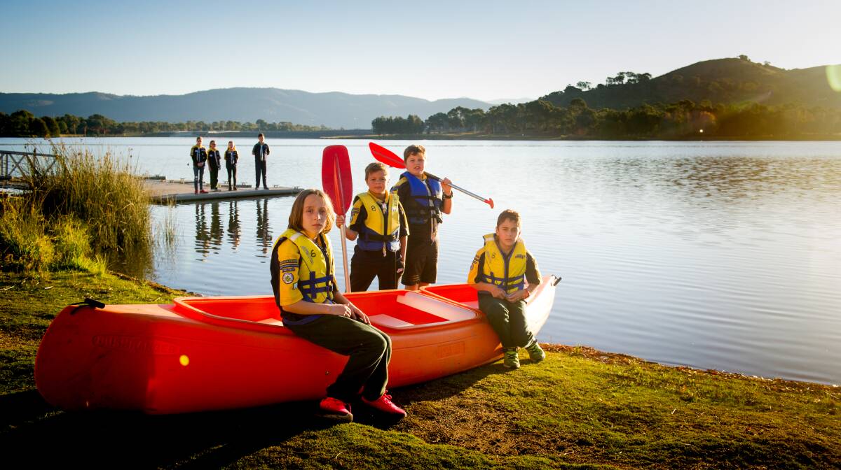 Lake Tuggeranong Sea Scouts Phoebe Cruickshank, Ricky Tobin, Benji Price and TJ Price, who have brought their water gear each week only to be let down by blue-green algae infested water. Picture: Elesa Kurtz