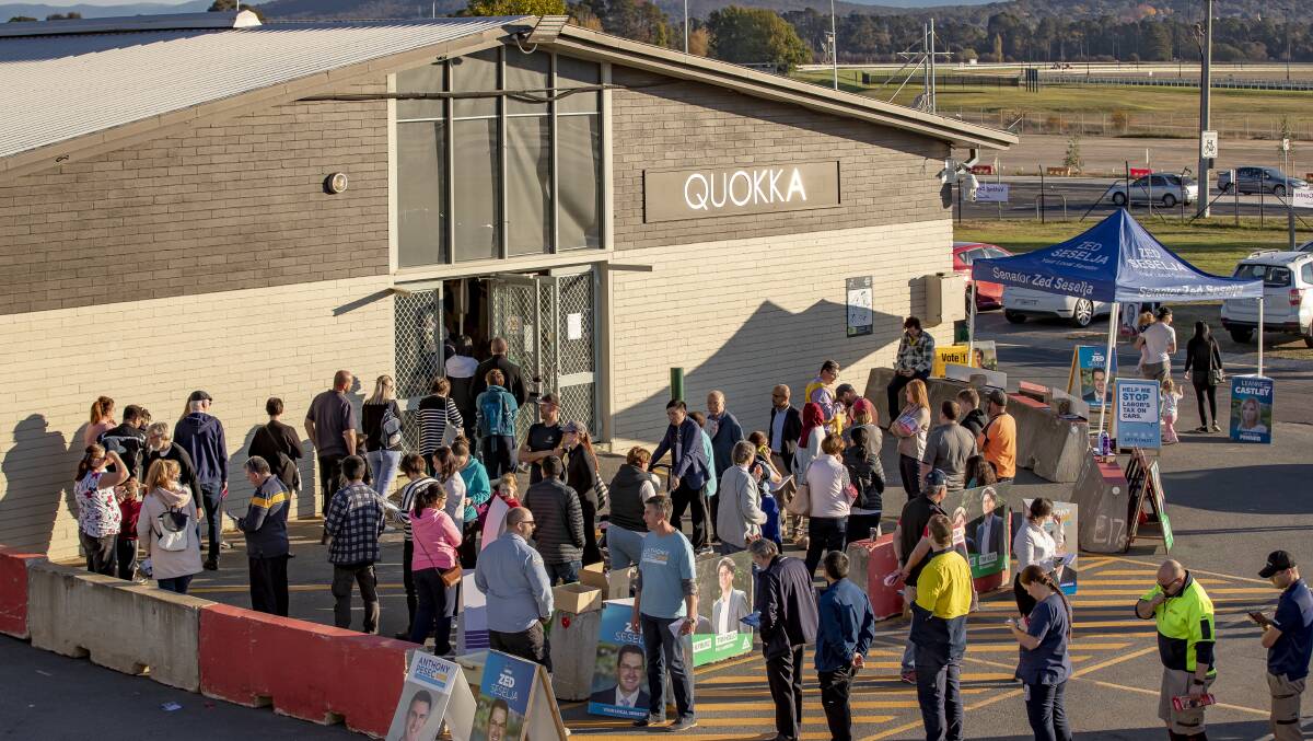 People queue to cast pre-poll votes at a polling booth at Exhibition Park in Canberra on Thursday afternoon. Picture: Sitthixay Ditthavong