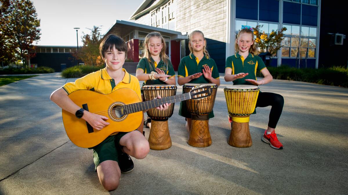 Red Hill Primary School year five students, Finn Campbell, Emma Oquist, Maddie Harris-Talbot and Sage Haling will be busking on election day at the school.
Picture: Elesa Kurtz