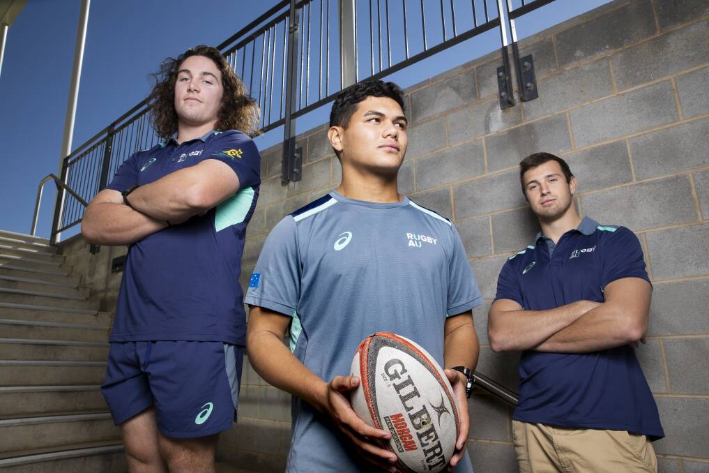 Junior Brumbies Lachlan Lonergan, left, Noah Lolesio, and Nick Frost have been picked to play for the Australian under-20s at the world championships next month. Picture: Sitthixay Ditthavong