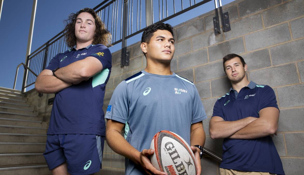 Lachlan Lonergan, left, Noah Lolesio and Nick Frost represent a new wave of Brumbies talent. Picture: Sitthixay Ditthavong