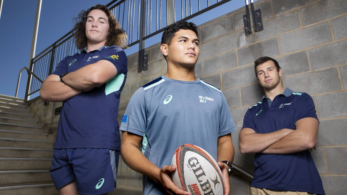 Junior Brumbies Lachlan Lonergan, Noah Lolesio, and Nick Frost played for the Australian under-20s. Picture: Sitthixay Ditthavong