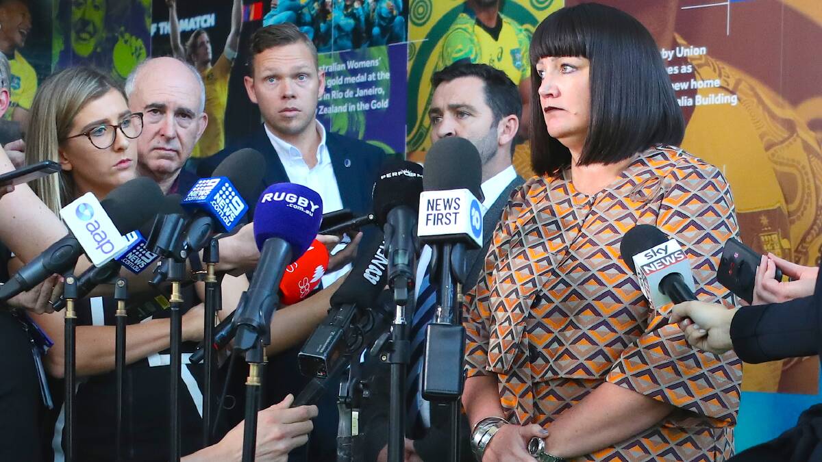 Rugby Australia CEO Raelene Castle (right) announces the Folau decision to the media on Friday. Picture: AAP