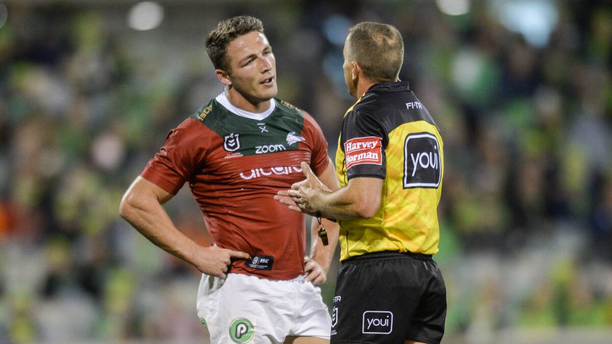 Sam Burgess pleads his case against the Raiders. Picture: AAP Image/Rohan Thomson