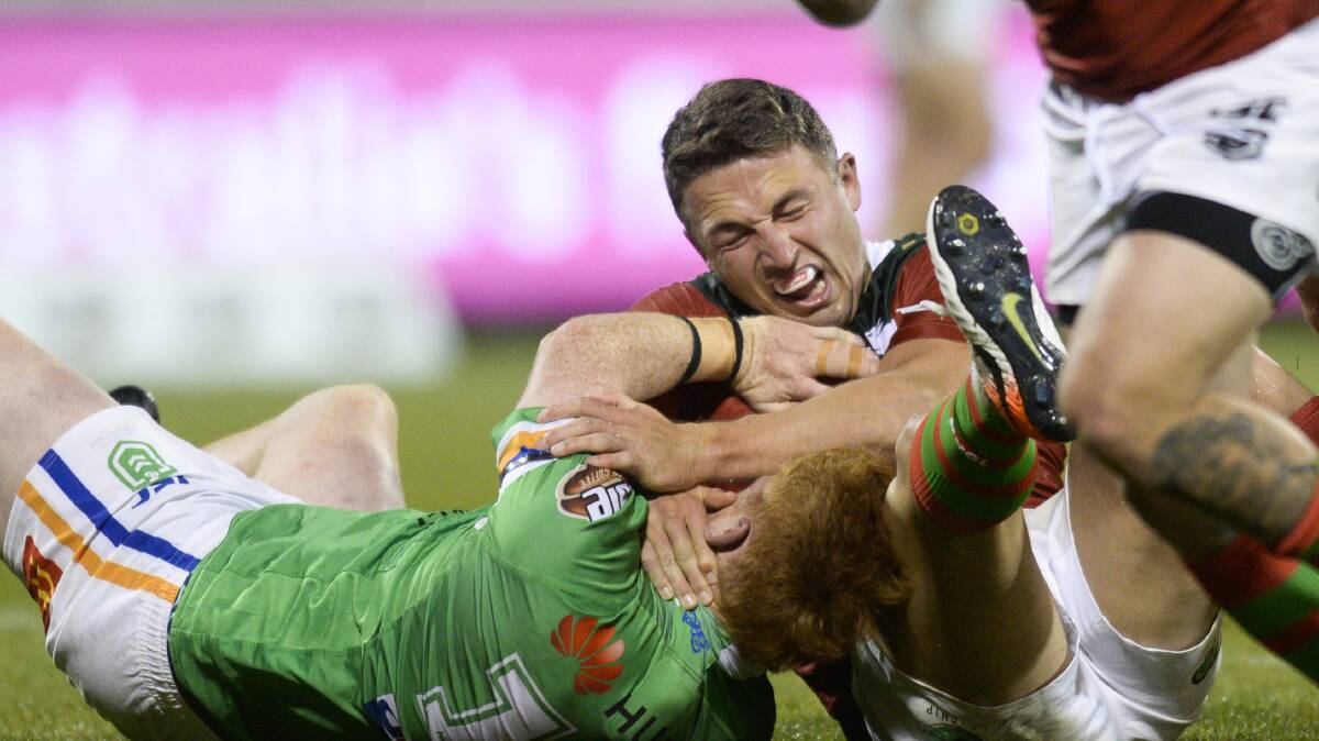 Sam Burgess gave away five penalties in the first half against the Raiders, but wasn't sin-binned. Picture: AAP Image/Rohan Thomson