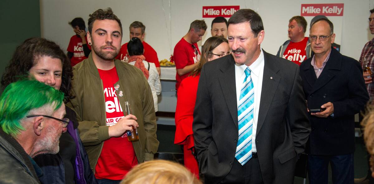 Re-elected Eden Monaro MP Mike Kelly with his supporters at the Queanbeyan Leagues Club on Saturday night. Picture: Elesa Kurtz