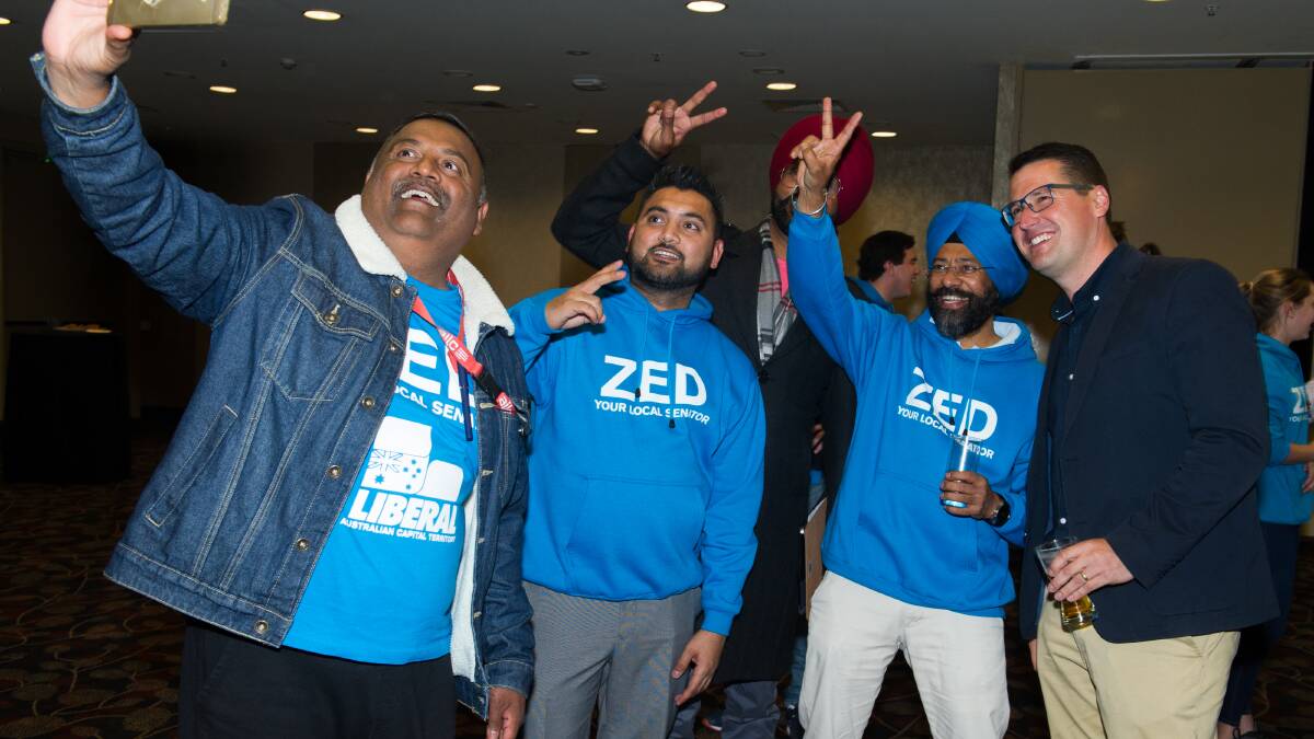 Senator Zed Seselja with supporters at Southern Cross Club. Picture: Elesa Kurtz
