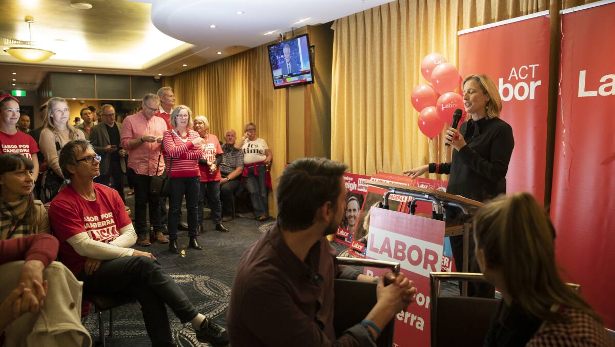 Labor's Katy Gallagher at the Belconnen Labor Club on the night of the 2019 Federal Election. Picture: Sitthixay Ditthavong