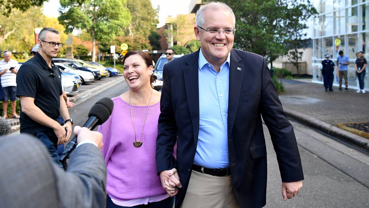 Prime Minister Scott Morrison and wife Jenny arrive at the Horizon Church the morning after the election. Picture: AAP