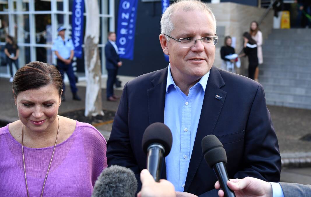 Prime Minister Scott Morrison and wife Jenny speak on Sunday after winning the federal election. Picture: AAP