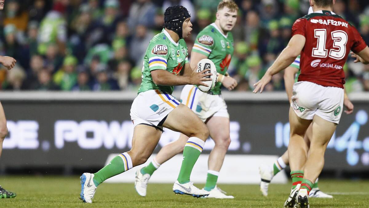 He waited 75 minutes but Seb Kris was straight into the action when he got his chance for Canberra. Picture: NRL Photos