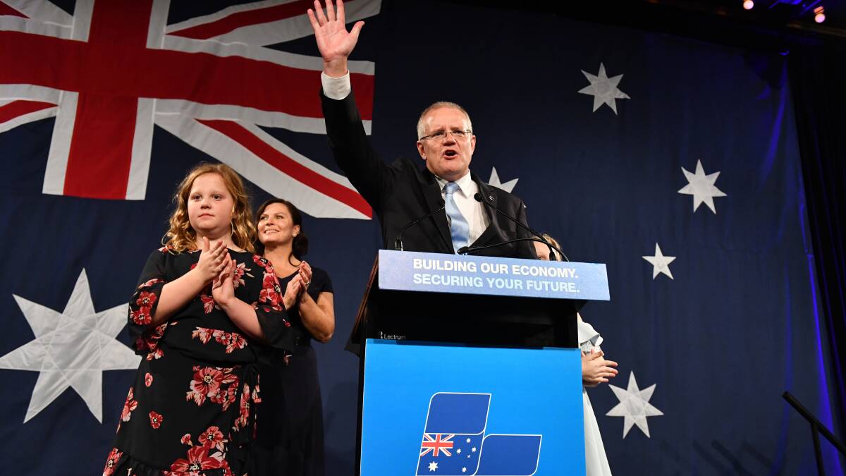 Prime Minister Scott Morrison on election night at the Wentworth Sofitel Hotel, Sydney. Picture: AAP
