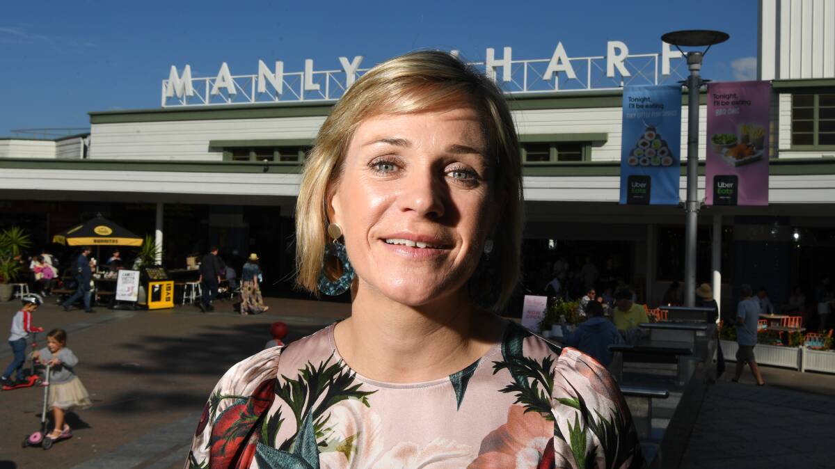 Zali Steggall holds a press conference at Manly Wharf. Picture: Peter Rae.
