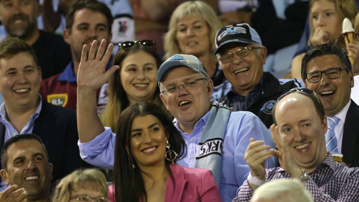Prime Minister Scott Morrison watches Cronulla play Manly in the NRL on Sunday. Picture: John Veage