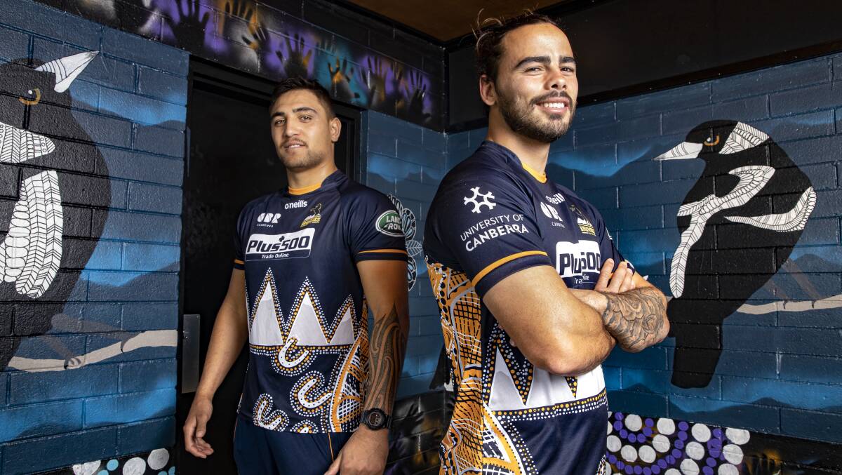 Brumbies Jahrome Brown and Andy Muirhead sport the club's indigenous kit. Picture: Sitthixay Ditthavong