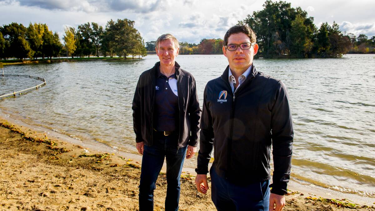 Triathlon ACT president Steve Hough and executive director Craig Johns, who have warned of dire consequences for the sport if a planned inflatable adventure park in Lake Burley Griffin is allowed to go ahead. Picture: Elesa Kurtz