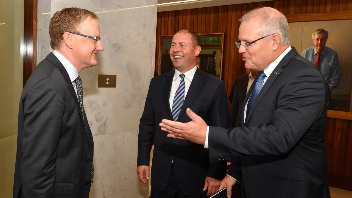 Prime Minister Scott Morrison and Treasurer Josh Frydenberg meet with the RBA Governor Philip Lowe on Wednesday. Picture: AAP