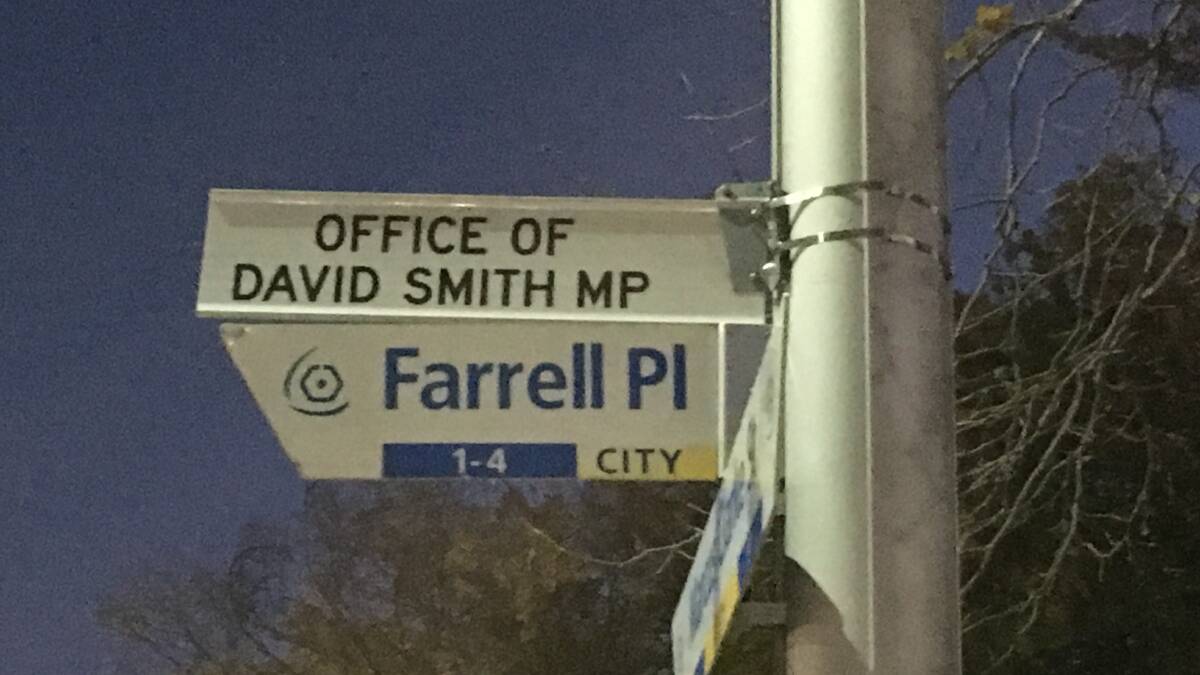 The confusing sign in Civic for David Smith's old office when he was a senator. Picture: Supplied