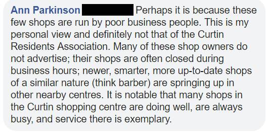 A screengrab of comments that Curtin Residents Association president Chris Johnson's wife, Ann Parkinson, made on Facebook. They have since been deleted.