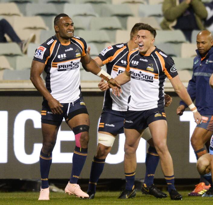 Tevita Kuridrani, left, and Tom Banks have hit form at the right time of the year for the Brumbies. Picture: AAP